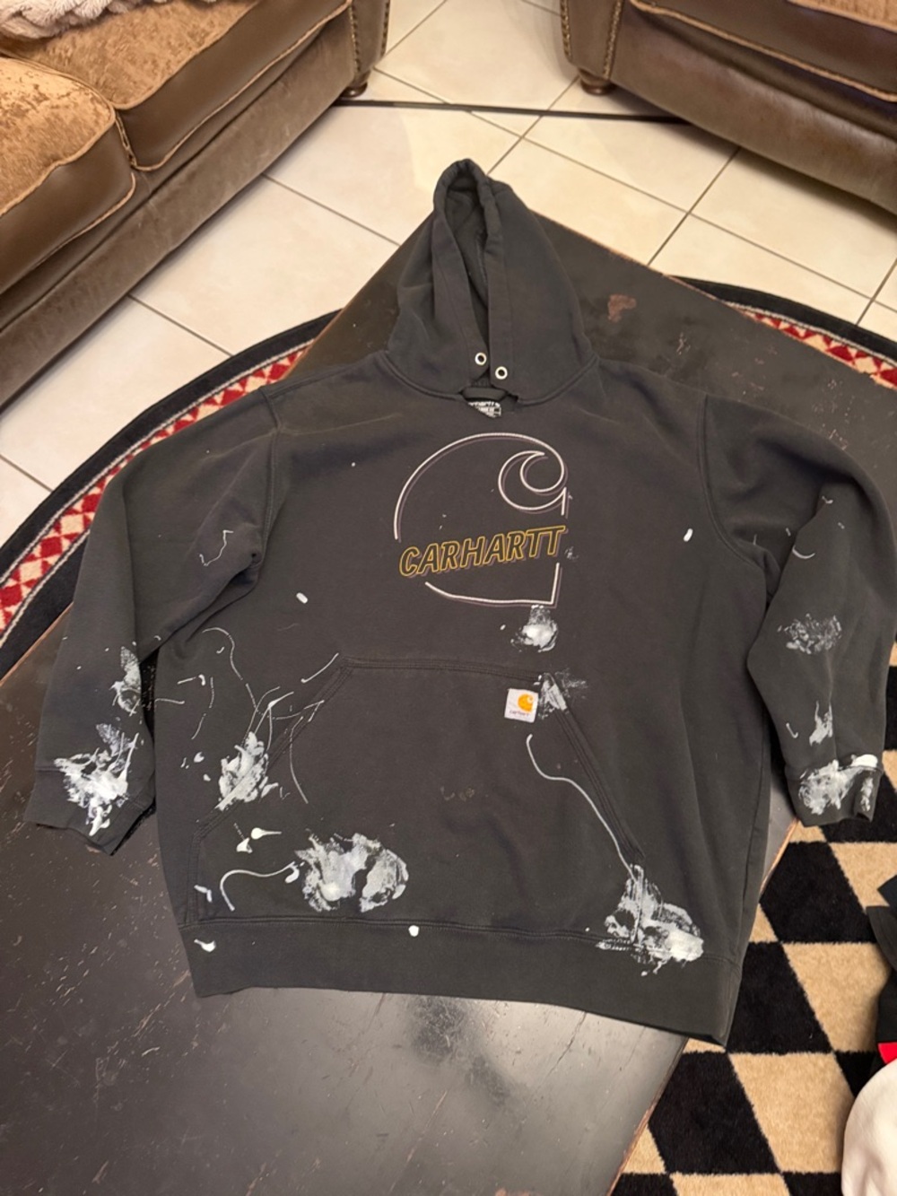 Carhartt DIY painted Men's Black Crewneck Hoodie with White Paint-Effect XL